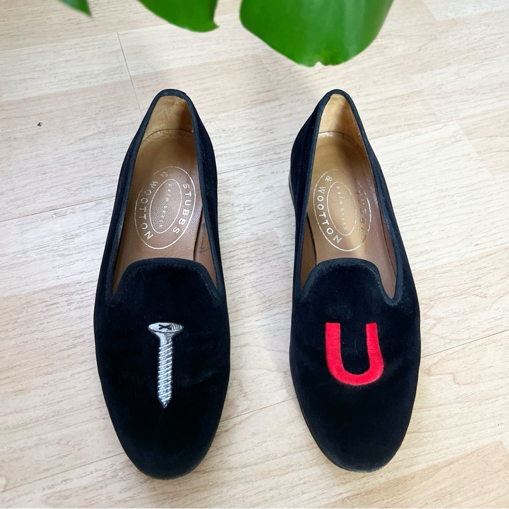 Stubbs & Wootton Black Loafers with Red and Silver Embroidery